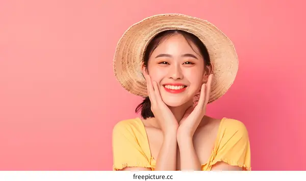Smiling Asian Woman Wearing Straw Hat with Yellow Top on Pink Background