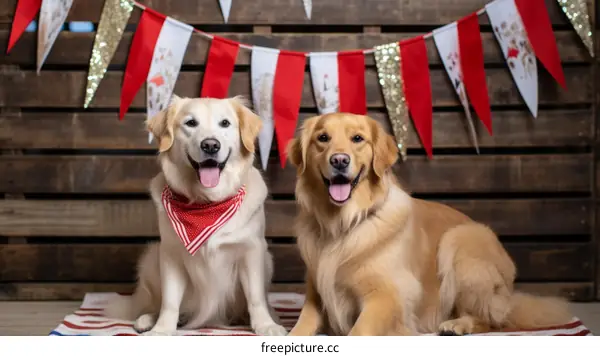 Two Golden Retrievers Sitting in Front of a Wooden Fence