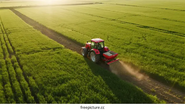 Tractor Spreading Fertilizer on Green Agricultural Field at Sunset