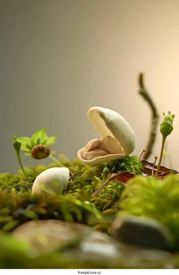 White Flower Bud on Green Moss in Nature