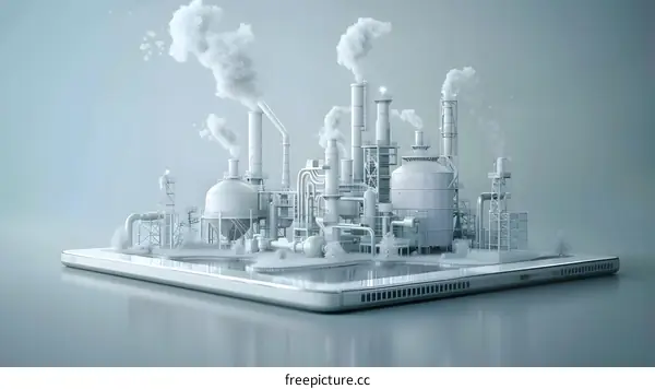 A 3D rendering of a factory on a tablet.