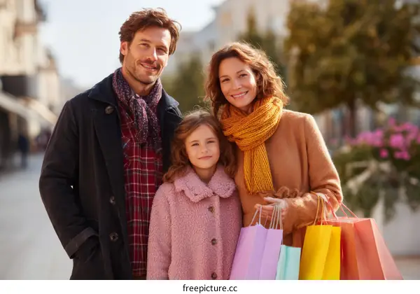 Happy Family Shopping Outdoors in Autumn