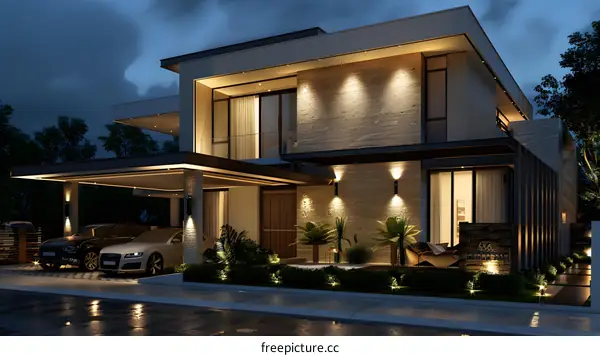 Modern House with Stone Wall and Outdoor Lighting