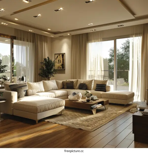Modern Interior Design Living Room With Beige Sectional Sofa