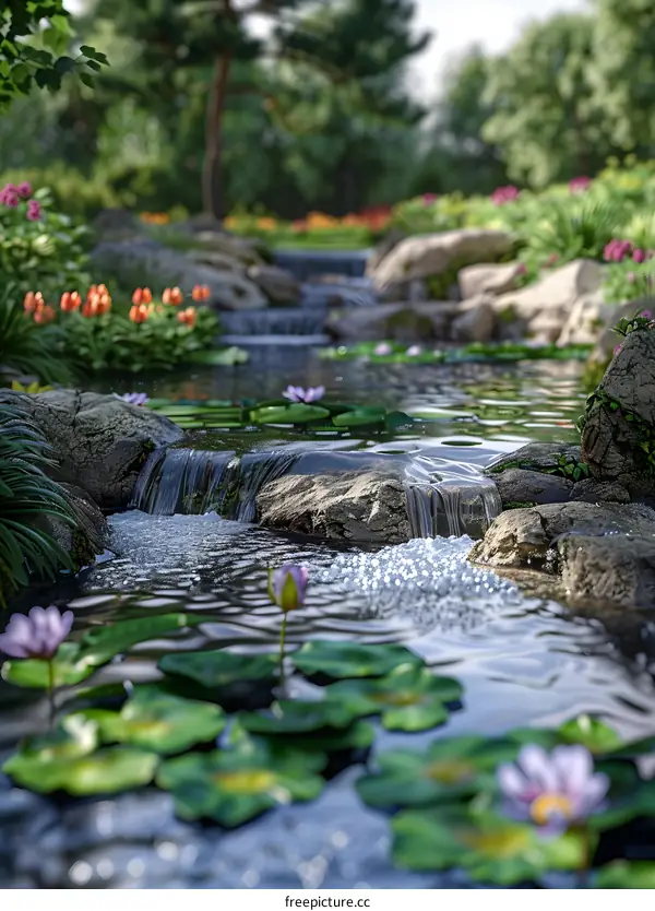 Small river flowing through a rocky creek bed in a lush green forest
