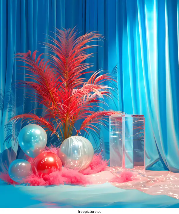 Blue and Pink Aesthetic Background with Palm Tree and Balloons
