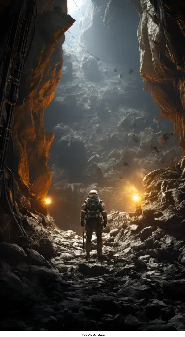 A lone astronaut explores a vast cave on Mars
