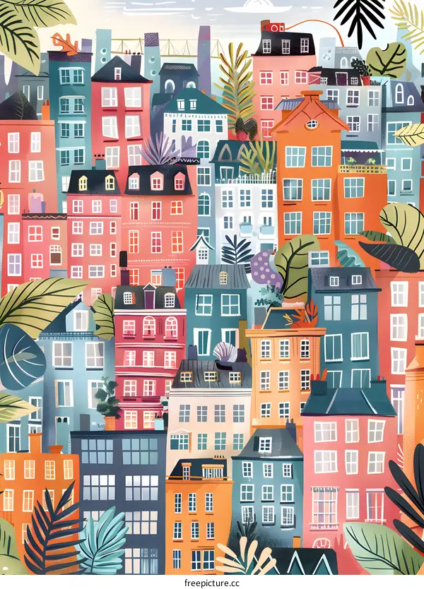 Colorful Illustration of Houses with Green Plants