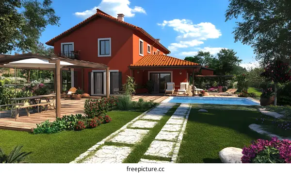 Modern House with Swimming Pool and Backyard Patio