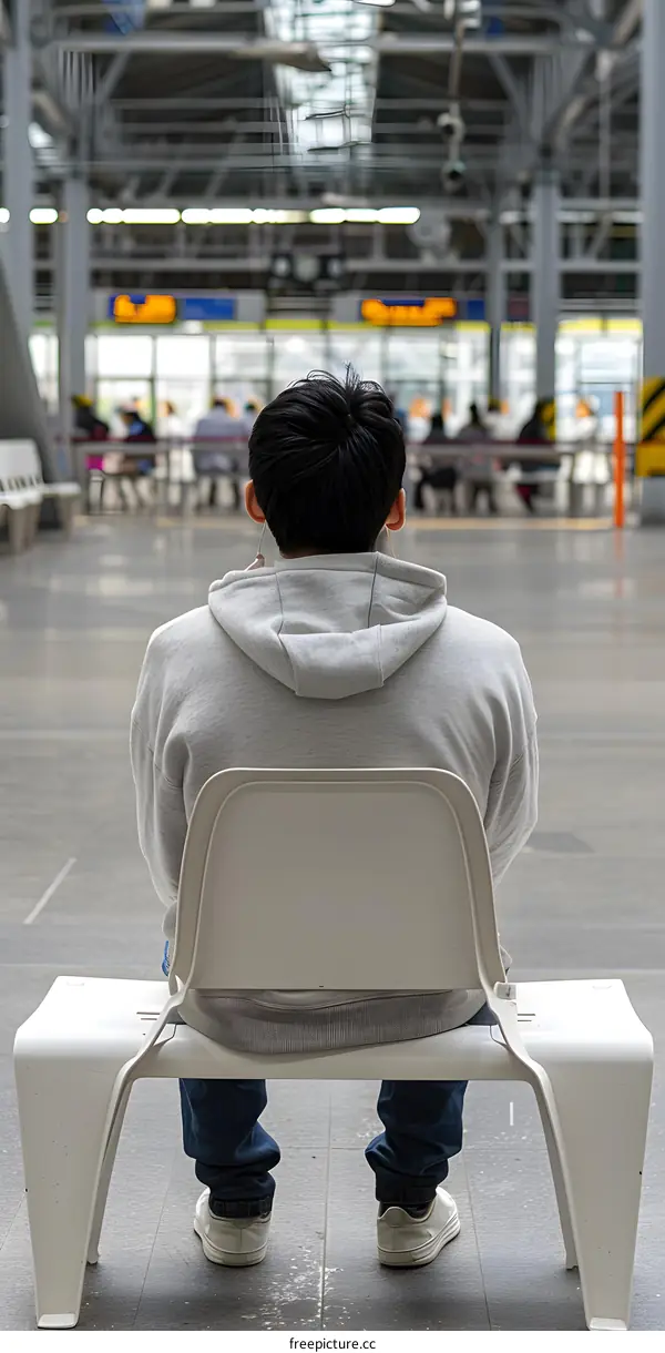 Man Sitting on a White Chair in a Train Station
