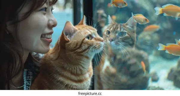 A ginger cat and a brown tabby cat looking at goldfish in a tank