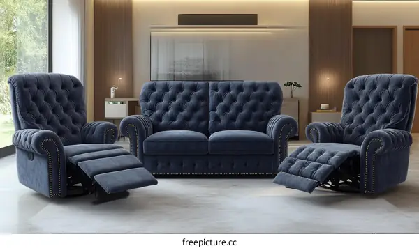 Dark Navy Blue Velvet Recliner Furniture Set