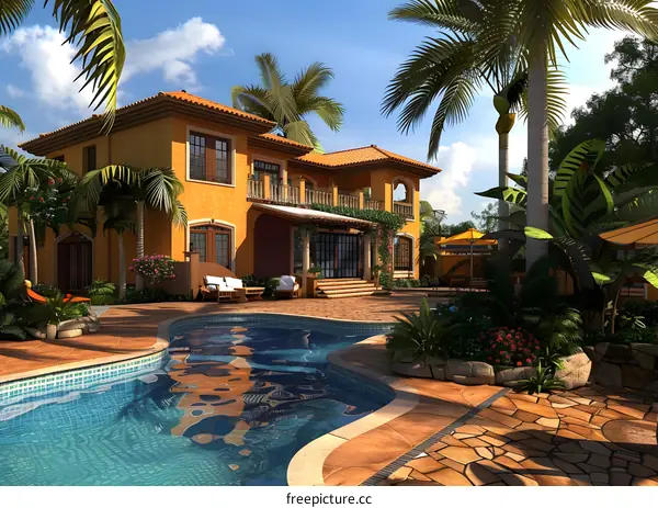 Luxury Villa with Swimming Pool and Palm Trees