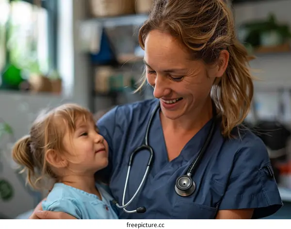 A female doctor is holding a smiling little girl in her arms.