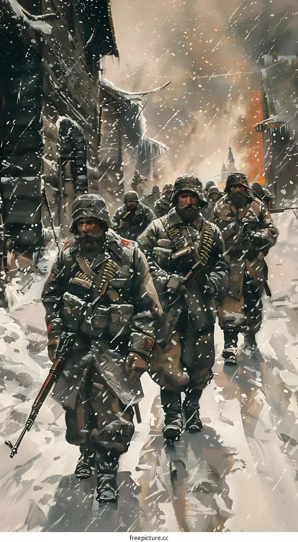 A group of soldiers are walking through a snowy street during the war