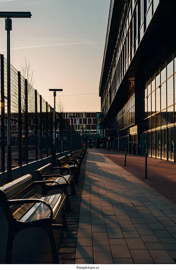 Empty Benches in Front of a Modern Building