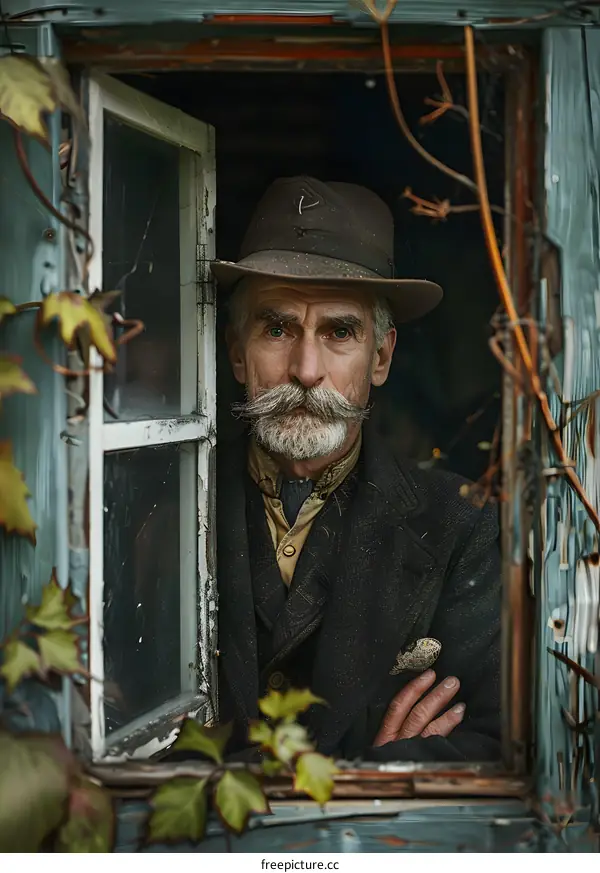 Portrait of an old man with a long white beard and mustache wearing a brown hat and a dark suit coat