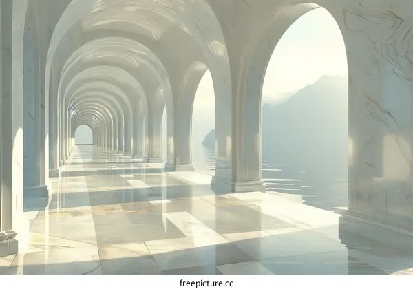 Futuristic Marble Hallway with Arches and Reflective Floor