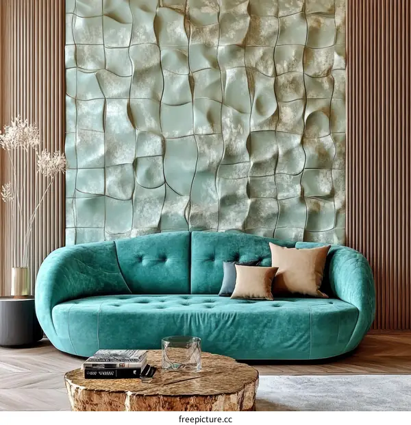 Teal Velvet Sofa in Modern Living Room with Textured Wall