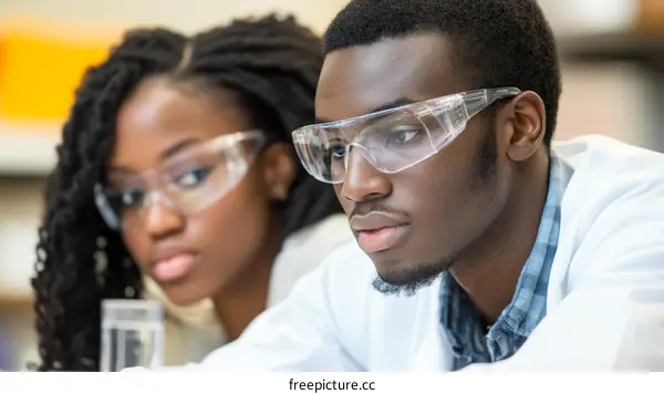 Two Students Focused on Science Experiment in Lab