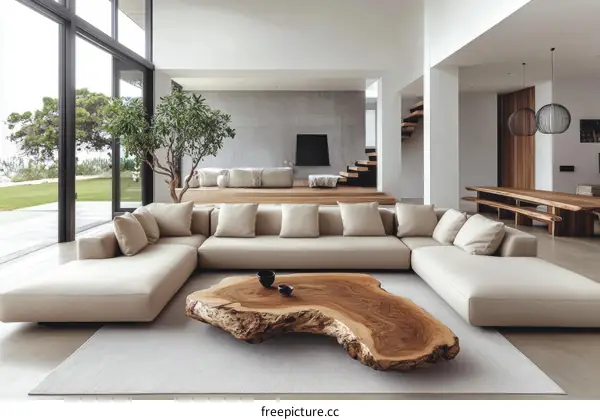 Modern Minimalist Living Room Design with a Natural Wood Coffee Table