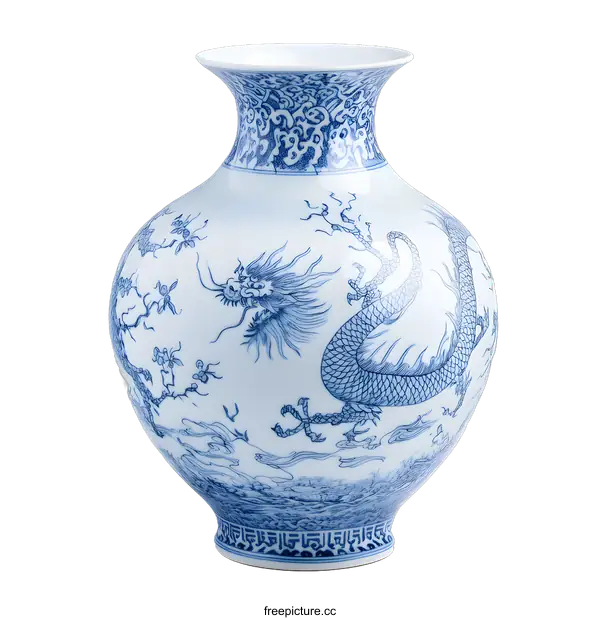 [Transparent Background PNG]Blue and White Porcelain Vase with Dragon Design