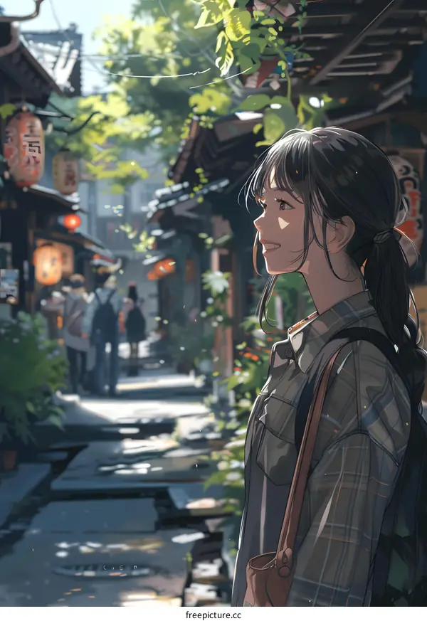 A girl with a ponytail is walking in a narrow street with a smile on her face