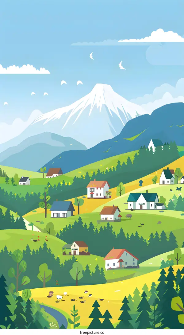 Mountain Village Illustration with Green Hills