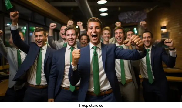 A group of young businessmen in suits celebrating their success with arms in the air
