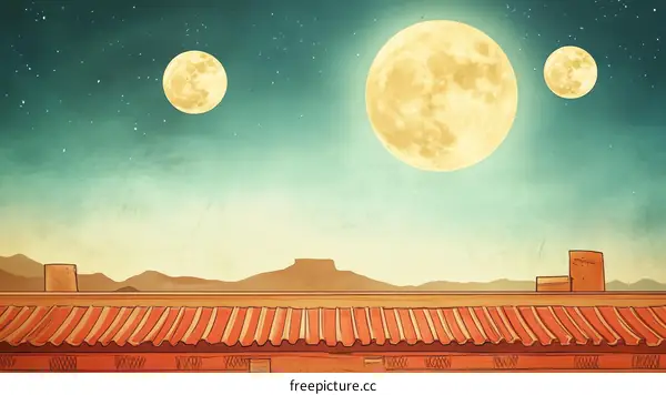 Night Sky with Three Moons over a Rooftop