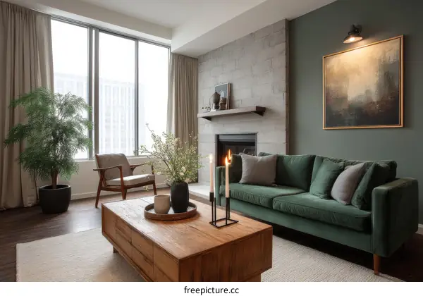 Modern Living Room with Green Velvet Sofa