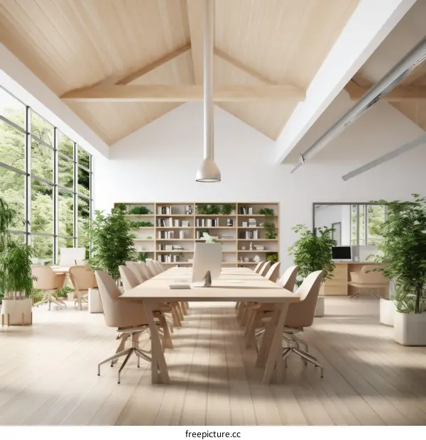 Large conference table in a modern office with natural elements