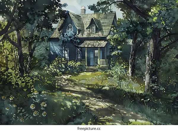 Watercolor Illustration of a House in the Woods