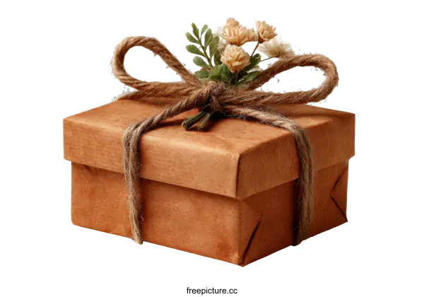 [Transparent Background PNG]Simple Kraft Paper Gift Box with Decorative Flowers