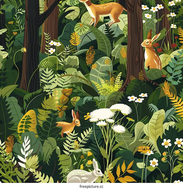 Illustrated Forest Scene With Rabbits and a Deer