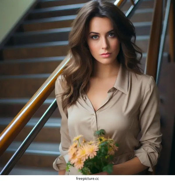 Elegant woman in beige blouse holding a bouquet of yellow flowers