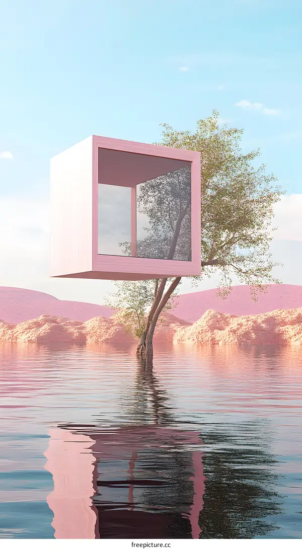 Pink Minimalist House on a Tree in Water