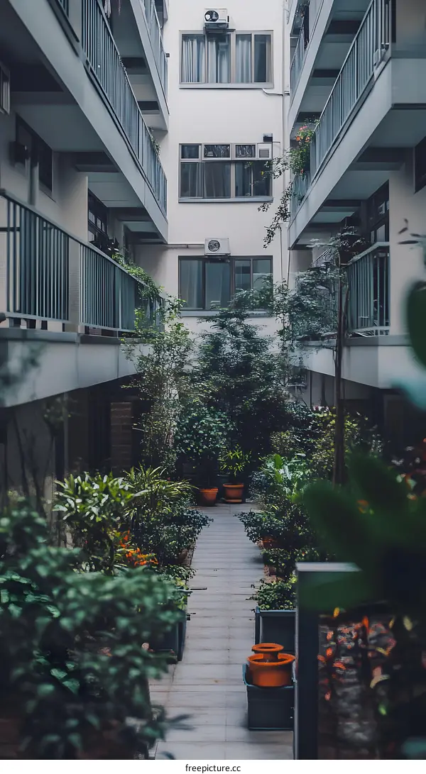 Green Pathway Between Buildings in City