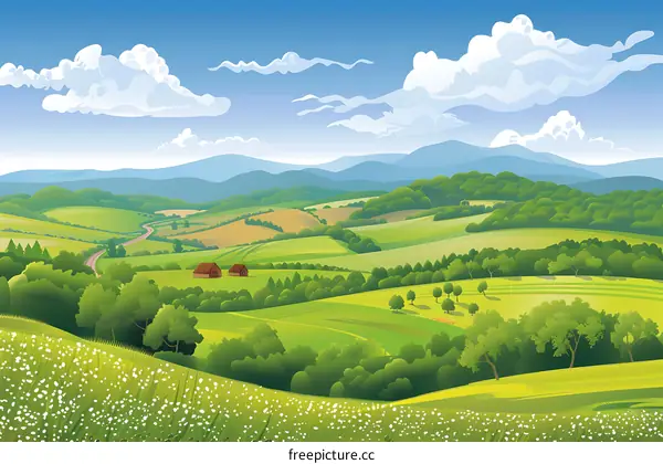 Green Hills and Blue Sky Landscape Illustration