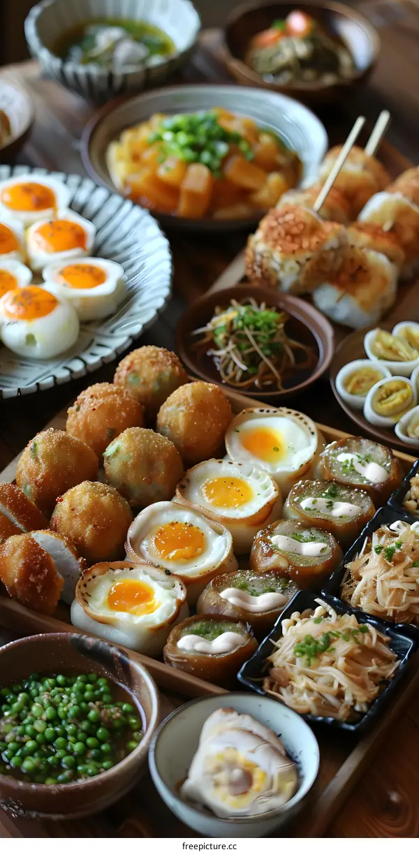 Assortment of Japanese Dishes on a Wooden Table