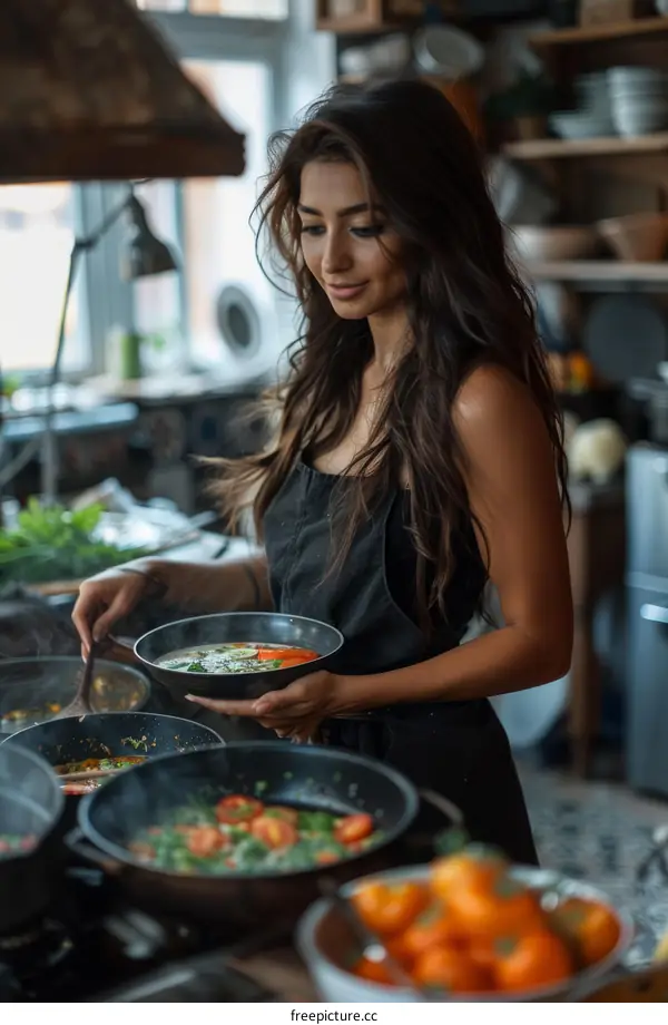 Confident Female Chef Cooking in Kitchen