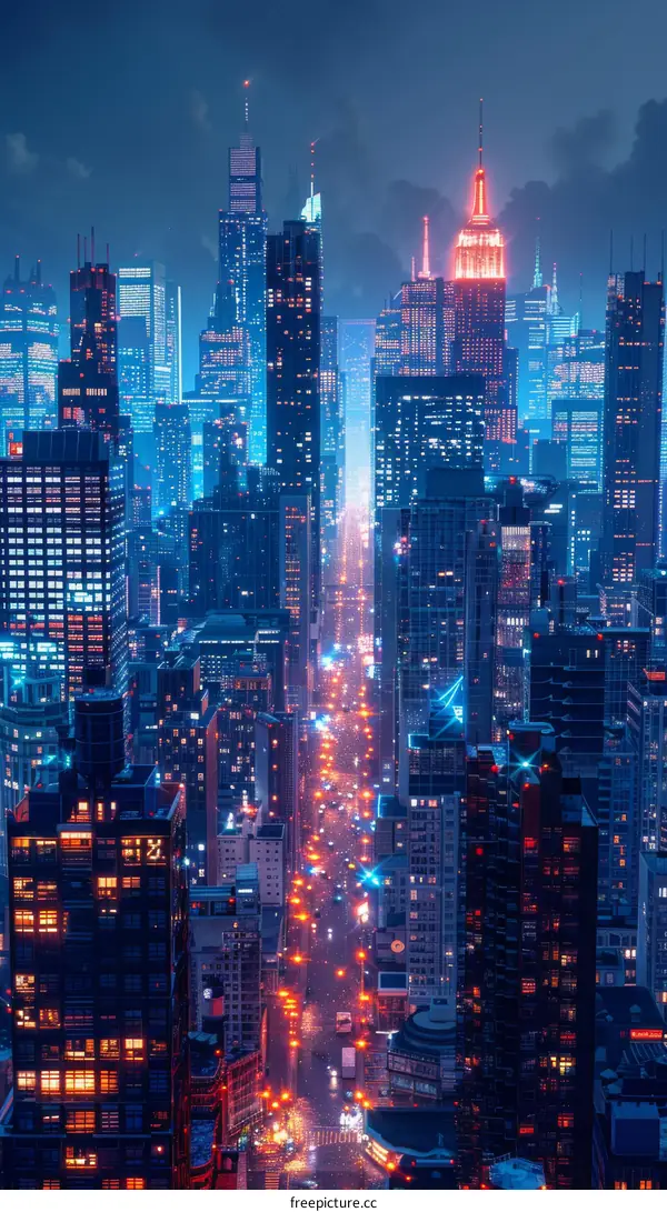 Manhattan New York City Skyline at Night with Illuminations