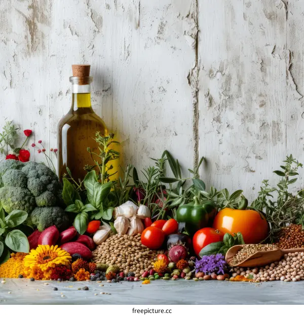 Vibrant Display of Fresh Vegetables and Herbs with Cooking Spices