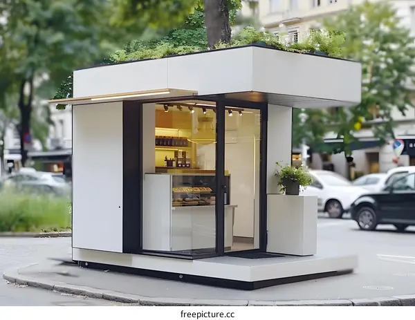Modern White Kiosk with Green Roof in City