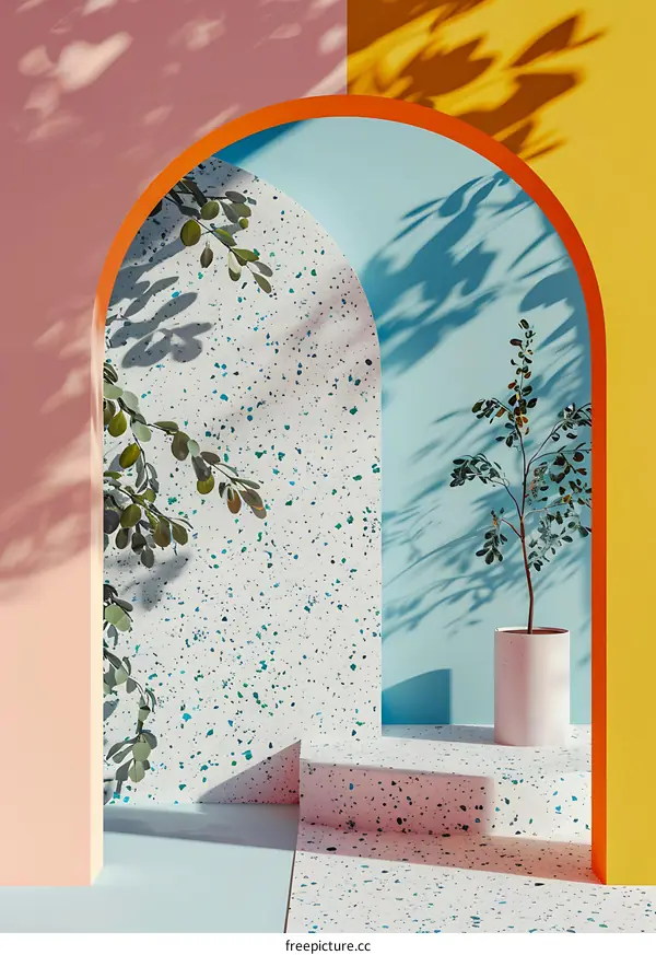 Pastel Colors Background with a Plant in a Pot