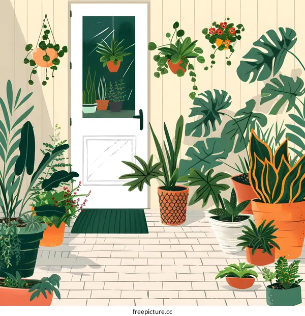 Green Plants and Flowers Around White Door