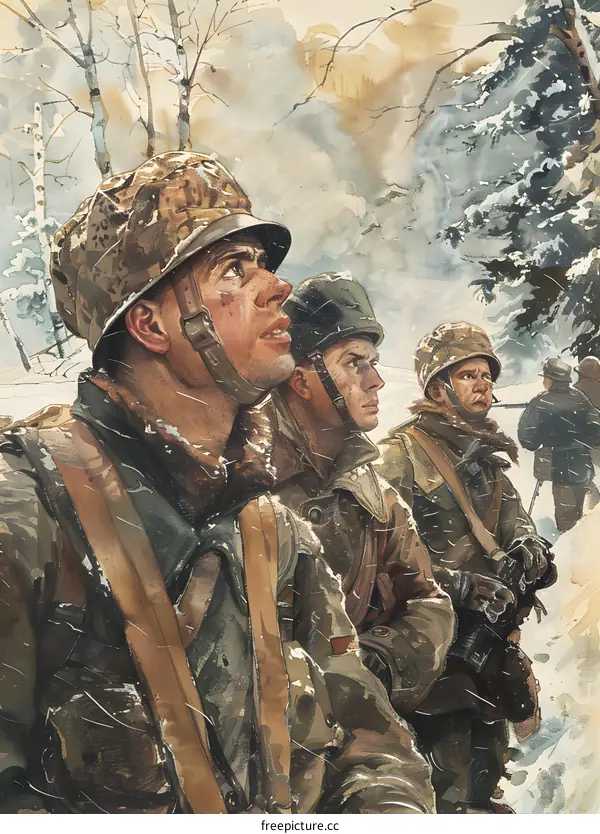 Three soldiers in winter camouflage uniforms