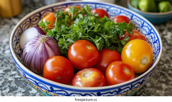 A bowl of tomatoes, onion and parsley