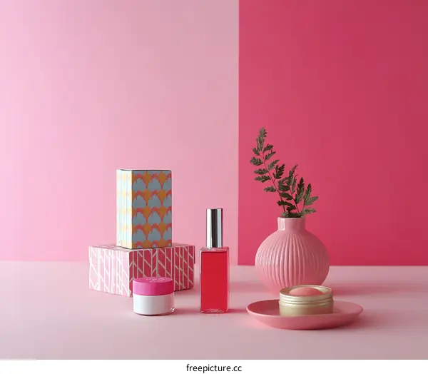 Pink Cosmetic Products Display with Minimalist Style