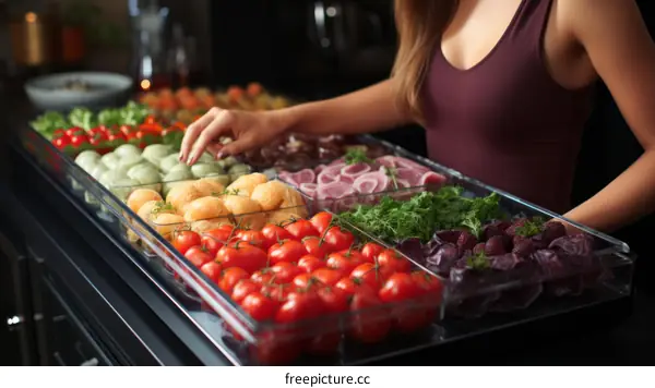 woman in maroon tank top reaching for food in glass case